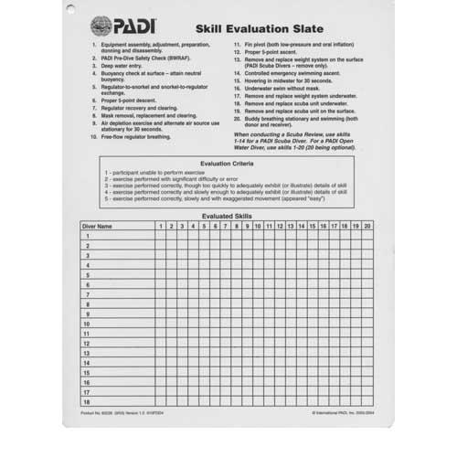 PADI Skill Evaluation Slate